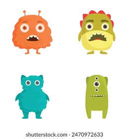 Collection of adorable, colorful cartoon monster characters isolated on white background