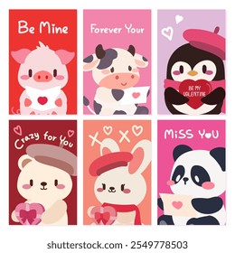 A collection of adorable Valentine’s Day cards featuring kawaii animal characters like a pig, cow, penguin, bear, bunny, and panda holding hearts and delivering love messages.