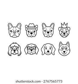 Collection of adorable dog faces in a simple black and white cartoon style