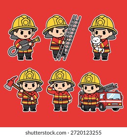 A collection of adorable firefighter characters in different action poses, holding tools like a hose, ladder, axe, and a fire truck.