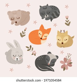 Collection of Adorable flat sleeping animals. Sleeping Animal cute baby teddy bear, fox, deer, bunny, raccoon, badger. Cute Doodle stickers. Hand drawn shirt print design vector illustration.