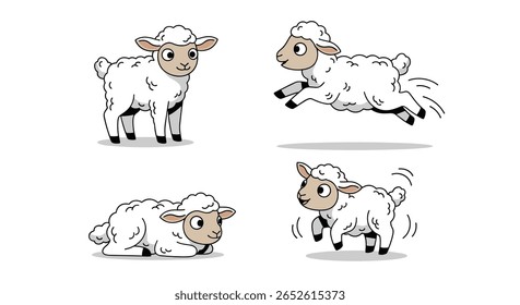 Coleção de Adorável Ovelha Fluffy Executando várias atividades lúdicas e posas