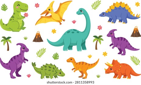 A collection of adorable and friendly cartoon dinosaur characters isolated on a white background, perfect for children's books, nursery wall art, birthday invitations, and educational designs.