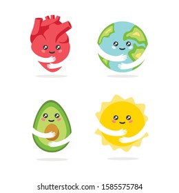Collection of adorable funny cartoon characters with cute smiling faces and hands isolated on white background - heart, planet Earth, avocado, sun. Flat colorful vector illustration for children.