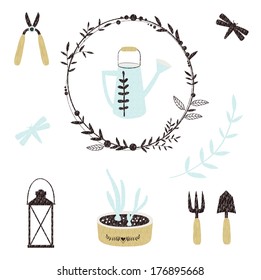 Collection of adorable garden tools - spring greeting