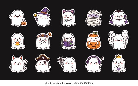 Collection of adorable ghost characters for halloween stickers with halloween stickers collection character illustration graphics elements celebration decorations whimsical creature