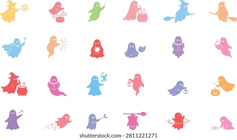 Collection of adorable ghost illustrations showcasing spirits performing magical activities including reading potions and flying on brooms.