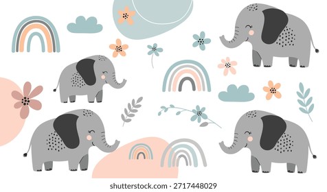 Collection of adorable grey elephant characters surrounded by pastel rainbows and botanical floral elements for kids design projects.