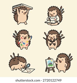 Una colección de adorables personajes de erizo que participan en diversas actividades artísticas, rodeados de pinceles y herramientas de arte.