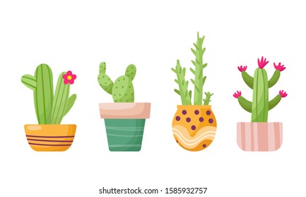 Collection of adorable house plants in pots. Cartoon vector set of cactus icons