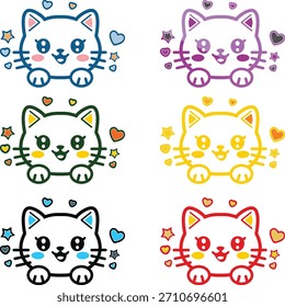 Una colección de adorables ilustraciones de gatos kawaii con seis coloridos personajes de gatitos. Cada linda cara de gato está rodeada de corazones y estrellas juguetones, dibujados en un estilo de arte lineal limpio. Perfecto para mascotas