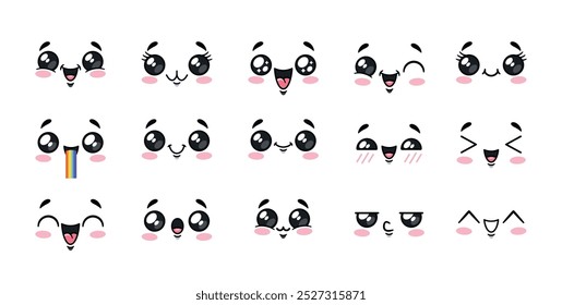 Colección De Caras Adorables Kawaii Que Muestran Diferentes Emociones. Emoji de Vector de dibujos animados con mejillas rosas y ojos grandes