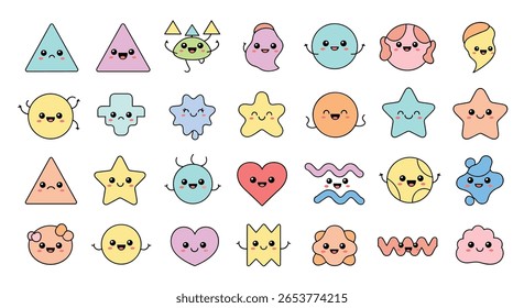 Collection of adorable kawaii geometric and organic shapes with cute faces expressing different emotions
