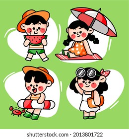 collection of adorable kids goes to beach premium doodle illustration