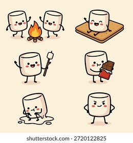 Una colección de adorables personajes de malvavisco que participan en diferentes actividades como asar junto a una fogata, hacer s'mores y derretirse.