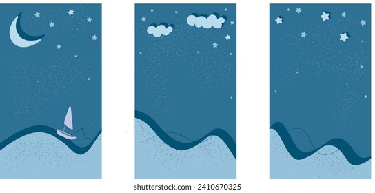 Collection of adorable night ocean patterns with abstract art background vector illustrations. Templates featuring moons, stars, clouds, and ocean elements