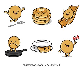 Collection of adorable pancake characters engaging in different actions and scenarios, showcasing a fun and playful theme.
