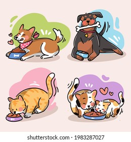 Collection Of Adorable Pet Eating Premium Vector Doodle Illustration