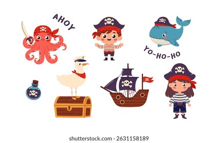 Collection of adorable pirates elements for kids birthday, party, events. Cute pirate set, flat vector illustration in childish style