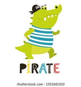 Collection of adorable pirates isolated on white background. Childish vector alligator in flat cartoon style can be used for cards, birthday invitations, prints, children clothes, interior posters