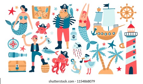 Collection of adorable pirates, sail ship, mermaids, sea fish and underwater creatures, treasure chest, lighthouse isolated on white background. Childish vector illustration in flat cartoon style