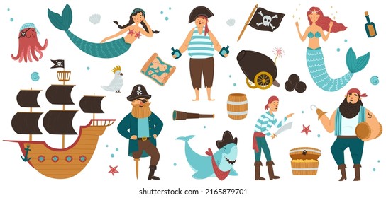 Collection of adorable pirates, sail ship, mermaids and underwater creatures isolated on white background. Childish vector illustration in flat cartoon style. Perfect for printing stickers