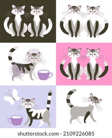 A collection of adorable prints for baby clothes. Cute cartoon cats on a white, black, pink and pale lilac background. Vector illustration.