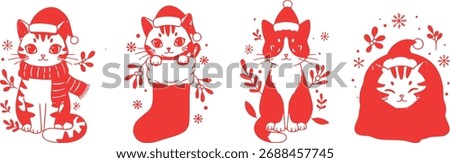 Collection of adorable red and white cat vector designs. Features feline characters wearing Santa hats, cozy scarves, nestled in stockings, and peeking from gift bags. Whimsical cat illustrations