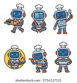 Una colección de adorables mascotas de chef robot en varias poses de cocina, incluyendo servir sushi, agitar sopa y freír alimentos