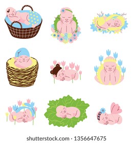 Collection of Adorable Sleeping Newborn Babies Vector Illustration