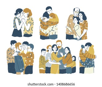 Collection of adorable smiling people standing together and hugging, cuddling and embracing each other. Acceptance, love, support among friends or family members. Flat cartoon vector illustration.