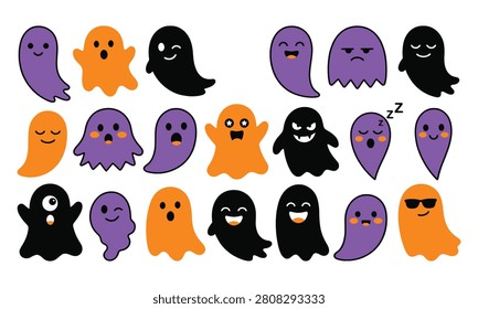 Collection of adorable spooky apparitions featuring various facial expressions, perfect for halloween party invitations or decorations.
