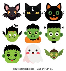 A collection of adorable and stylized Halloween characters including bats, black cats with moons, Frankenstein monsters, and a friendly ghost, all presented in a flat design.