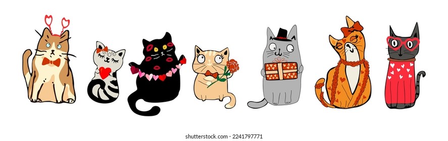 Collection of adorable Valentine's Day cats with love elements - hearts, gifts, lipstick kisses. Set of cute pet animals, funny Valentine cards. Vector illustrations isolated on white background