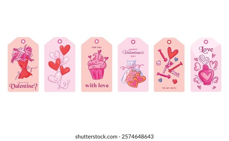 A collection of adorable Valentine's Day gift tags featuring vibrant pink and red tones, romantic elements like bouquets, hearts, cupcakes, cookies, arrows, and perfume bottles, perfect for loved ones