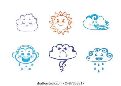 A collection of adorable vector stickers with cartoon suns and clouds. Each sticker is isolated from the background, making them ideal for use in a variety of creative projects.