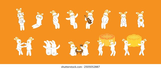 A collection of adorable white rabbits enjoying mooncake, drinking tea, playing guitar, and interacting in various poses. Perfect for Mid-Autumn Festival
