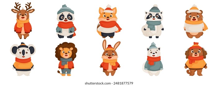 Collection of adorable winter animal characters wearing cozy outfits, perfect for holiday cards or children's illustrations. Winter Animal Characters in Cozy Outfits