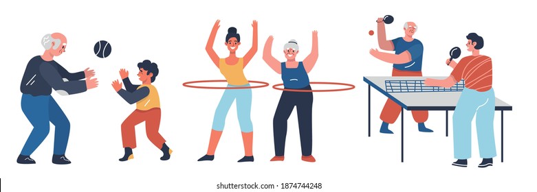 Collection of adults people playing sports my family, football, fitness and tennis. Cartoon character flat vector illustration.