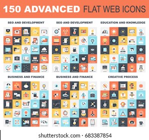 Collection Of Advanced Flat Web Icons. Icon Pack Includes - SEO And Development, Education And Knowledge, Business And Finance, Creative Process Conceptual Themes.