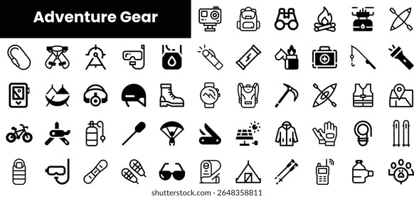 A collection of adventure gear icons including camping, hiking, and outdoor equipment. Perfect for enthusiasts and explorers ready for their next journey.