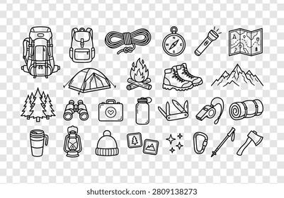 Collection of adventure icons: backpack, tent, campfire, compass, map, flashlight, boots, axe, binoculars, water bottle.