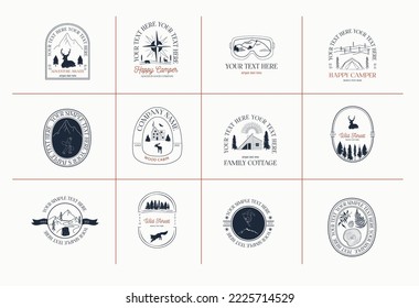 Collection of adventure linear logotypes, symbols, icons design template with mountains, wild animals, tree, camping elements. Editable vector logotype.
