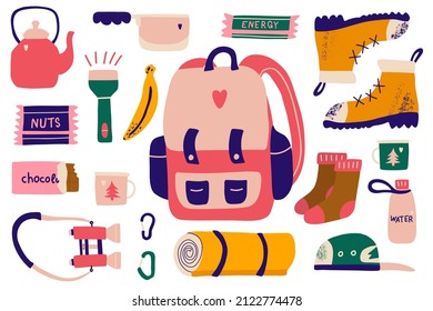 Collection of adventure tourism, summer vacation trip, hiking and backpacking decorative design elements isolated on white background. Сartoon vector illustration.