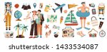 Collection of adventure tourism, travel abroad, summer vacation trip, hiking and backpacking decorative design elements isolated on white background. Flat cartoon colorful vector illustration.