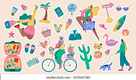 Colección de turismo de aventura, viajes al extranjero, adhesivos para viajes de vacaciones de verano, caminatas y mochileros elementos decorativos aislados en fondo blanco. Ilustración vectorial de color caricatura plana