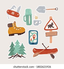 Collection of adventure tourism, travel abroad, summer vacation trip, hiking and backpacking decorative design elements isolated on white background. Flat cartoon colorful vector illustration.