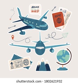 Collection of adventure tourism, travel abroad, summer vacation trip, hiking and backpacking decorative design elements isolated on white background. Flat cartoon colorful vector illustration.