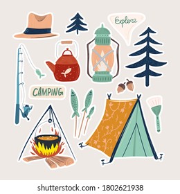 Collection of adventure tourism, travel abroad, summer vacation trip, hiking and backpacking decorative design elements isolated on white background. Flat cartoon colorful vector illustration.