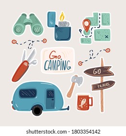 Collection of adventure tourism, travel abroad, summer vacation trip, hiking and backpacking decorative design elements isolated on white background. Flat cartoon colorful vector illustration.